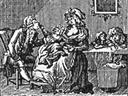 woodcut print of colonial family